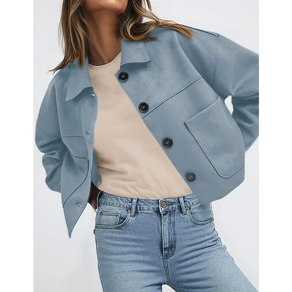 Women's Light Blue Faux Suede Cropped Jacket Casual Lightweight Fall Fashion - Picture 4 of 5